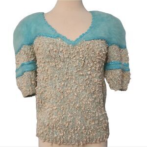 Vintage Speckled Fairisle Knit Sweater Colorblock Shoulder Pads Small Pastel Blu